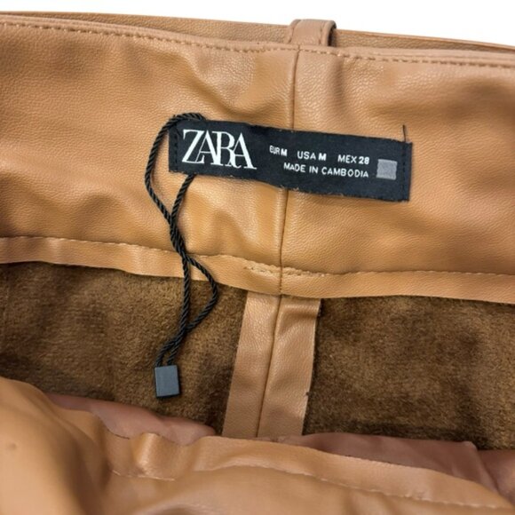 ZARA NWOT Women Vegan Faux Leather Pleated Belted Trouser Pant Medium Tan/Camel - Picture 4 of 6